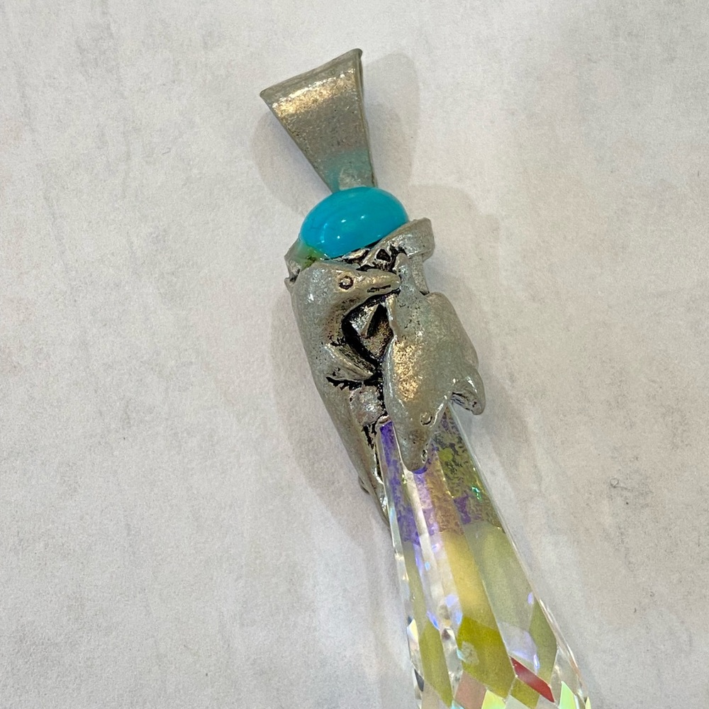 Silver Quartz Crystal Turquoise Pendant Necklace dolphins vintage signed - Picture 13 of 14